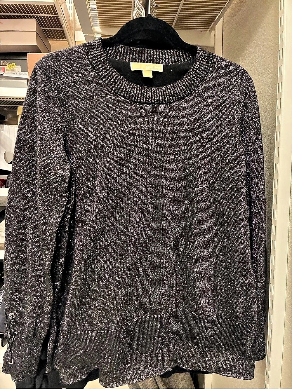 Michael Kors Black Metallic Knit Lace-Up Sleeve Sweater Size Large